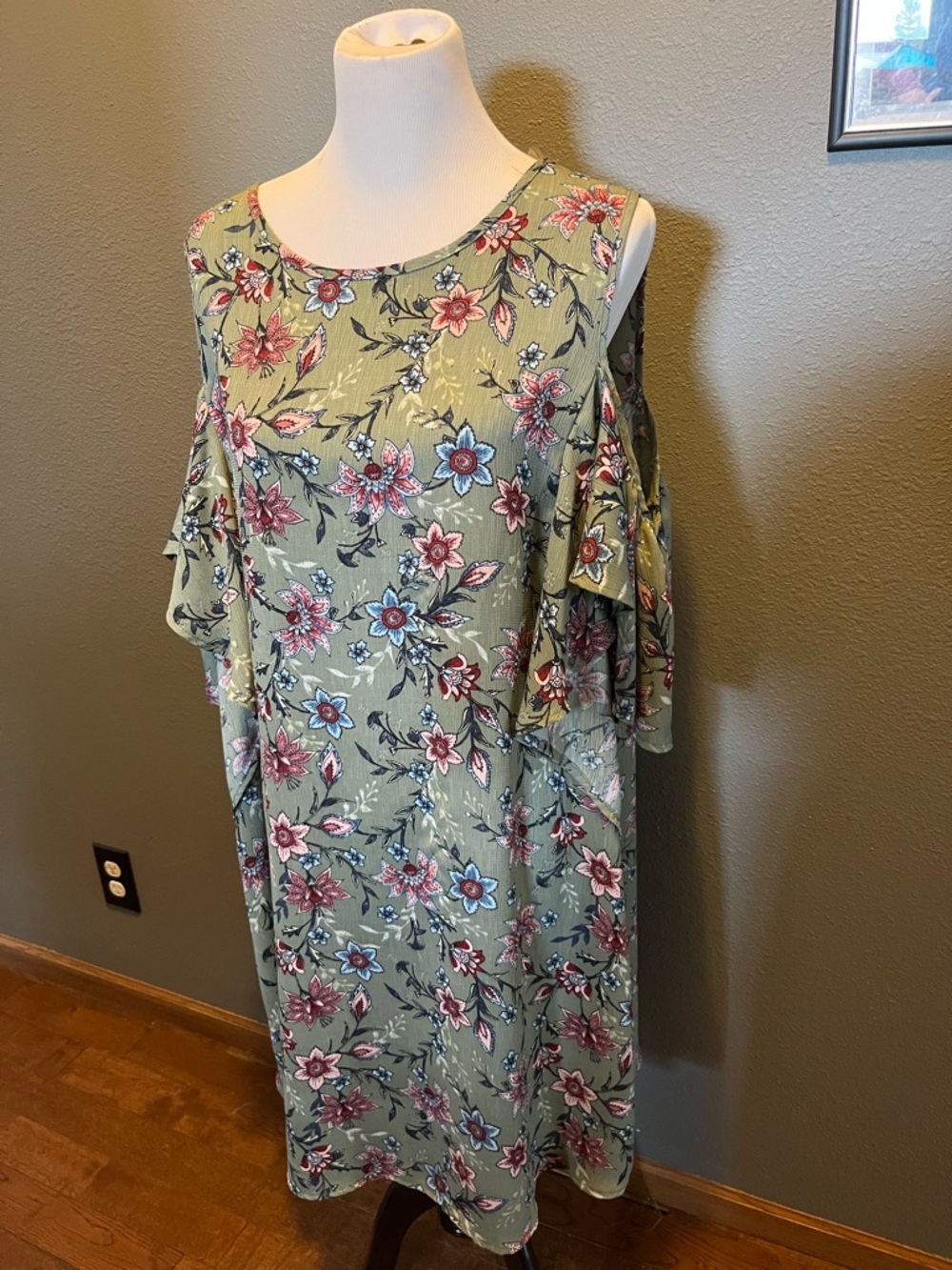 ODDY Olive Green Floral Midi Dress with Pink and Blue Accents